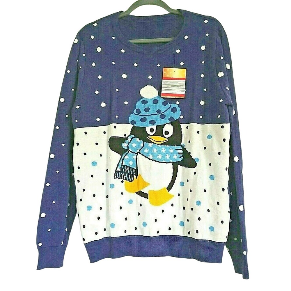 Unbranded Ugly Christmas Sweater XL Cute‎ Penguin Blue/White Holiday NWT